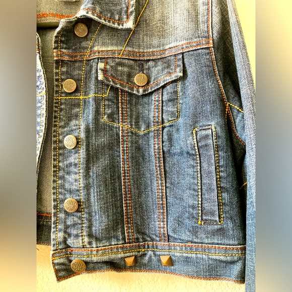 Cropped denim jacket w/ small edgy studs. Red & yellow stitching. Distressed - Picture 2 of 11